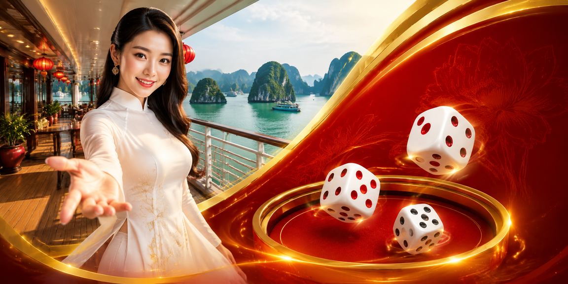 Cô gái mặc áo dài chơi Tài Xỉu trên nền cảnh Hạ Long Bay huyền ảo